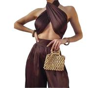 ATEUXOL Canotta Corta con Lacci Incrociati Set da Due Pezzi Donna Summer Brighter Color Stain con Bende, Papillon, Top Corto e Pantaloni a Gamba Larga, Coordinati for Feste(Brown,S)