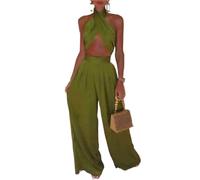 ATEUXOL Canotta Corta con Lacci Incrociati Set da Due Pezzi Donna Summer Brighter Color Stain con Bende, Papillon, Top Corto e Pantaloni a Gamba Larga, Coordinati for Feste(Green,XL)