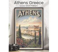 Athens Greece Cross Stitch Pattern: A Full Coverage Vintage Travel Poster Design for Immersive Stitching with Colour and Mono Charts, 14-Brand Thread Conversion and Beginner Instructions