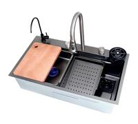 ATHOMASM 75 x 50 cm Lavello da cucina in acciaio inox, con rubinetto estraibile a cascata, sciacquatore per bicchieri, rubinetto per bere, dispenser di sapone, tagliere, kit di drenaggio, 1 seno sopra