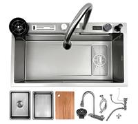 ATHOMASM Lavello da cucina 80 x 45 cm, grigio argento, lavello a cascata in acciaio inox, lavello da incasso con rubinetto, lavavetri, sifone, tubo di scarico, 1 bacino Kitchen Sinks