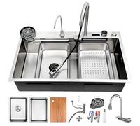 ATHOMASM Lavello da cucina 80 x 50 cm, in acciaio inox 304, con rubinetto estraibile a cascata, lavello, dispenser di sapone, sifone, tubo di scarico, grande lavello da cucina, 1 vasca