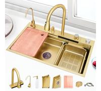 ATHOMASM Lavello da cucina effetto oro, 75 x 50 cm, in acciaio inox, rubinetto estraibile, con funzione cascata, set completo