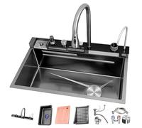 ATHOMASM Lavello da cucina in acciaio inox, 80 x 50 cm, con indicatore di temperatura, lavabo a cascata con rubinetto estraibile, sifone, lavello multifunzione, con scarico destro, grandi lavelli da