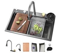 ATHOMASM - Lavello da cucina in acciaio INOX a 1 vasca, 75 x 50 cm, nero grigio, con design a cascata, rubinetto estraibile, stazione di lavoro e scolapiatti