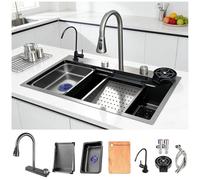 ATHOMASM Lavello da incasso in acciaio inox, 1 vasca, 80 x 50 cm, colore nero, grigio, con design a cascata, rubinetto estraibile, stazione di lavoro e scolapiatti