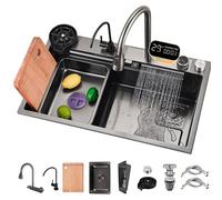 ATHOMASM Lavello in acciaio inox 80x50cm | Lavello da incasso con display digitale della temperatura, design a cascata e cestello sgocciolante | Lavello da cucina multifunzionale a 1 vasca