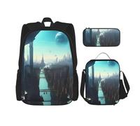 AthuAh Cities of the Future, zaino per ragazze e ragazzi con borsa per il pranzo e astuccio, set da 3 pezzi per escursionismo, scuola, gite, Nero , Taglia unica