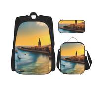 AthuAh Sunset in Barcelona - Zaino per ragazze e ragazzi, con borsa per il pranzo e astuccio, set da 3 pezzi, per escursionismo, scuola, gite, Nero , Taglia unica