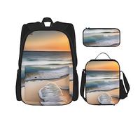 AthuAh Sunset Over The Waves, zaino per ragazze e ragazzi con borsa per il pranzo e astuccio, set da 3 pezzi per escursionismo, scuola, gite, Nero , Taglia unica