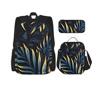 AthuAh Zainetto con motivo foglie nel buio, con borsa per il pranzo e astuccio, set da 3 pezzi per escursionismo, scuola, gite, Nero , Taglia unica