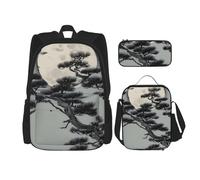 AthuAh Zaino con albero di pino sotto la luna,*# zaino per ragazze e ragazzi con borsa per il pranzo e astuccio set da 3 pezzi per escursionismo, scuola, gite, Nero , Taglia unica