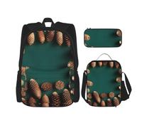 AthuAh Zaino con bordo a forma di pigna, con borsa per il pranzo e astuccio, set da 3 pezzi per escursionismo, scuola, gite, Nero , Taglia unica