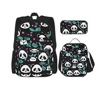AthuAh Zaino con simpatico motivo panda, zaino per ragazze e ragazzi, con borsa per il pranzo e astuccio, set da 3 pezzi per escursionismo, scuola, gite, Nero , Taglia unica