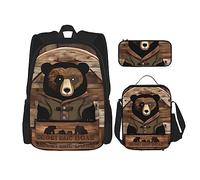 AthuAh Zaino rustico Lodge Bear, zaino per ragazze e ragazzi con borsa per il pranzo e astuccio, set da 3 pezzi per escursionismo, scuola, gite, Nero , Taglia unica
