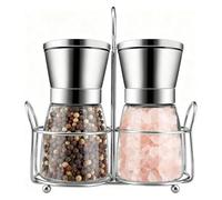 Atliberswo Set 2 Macinini Spezie con Supporto - 180ml Macinini Sale & Pepe in Vetro e Acciaio Inox con Macina in Ceramica, Regolabile, Utensili da Cucina per Erbe e Spezie