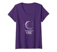 Atmosfera astrologica Celeste Luna Notte Stellata Maglietta con Collo a V, Donna, Viola, L