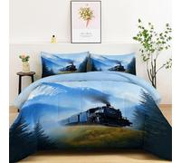 Atmosfera Avventurosa Montagne Treno Trapunta Invernale Matrimoniale Imbottita in Morbida Microfibra, Piumone Letto Autunno Inverno Traspirante Anallergico Fantasia 2 Piazze, 200 x 200 cm, Blu