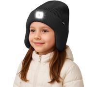 ATNKE Bambini LED Illuminato Berretto Cappello con Paraorecchie,USB Ricaricabile 4 LED Corsa Cappello Lampada Invernale Calda Pile Foderato Beanie Regali per Ragazzi e Ragazze/Black