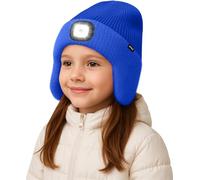 ATNKE Bambini LED Illuminato Berretto Cappello con Paraorecchie,USB Ricaricabile 4 LED Corsa Cappello Lampada Invernale Calda Pile Foderato Beanie Regali per Ragazzi e Ragazze/Blue