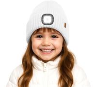 ATNKE Bambini LED Illuminato Berretto Cappello,USB Ricaricabile 4 LED Corsa Cappello Lampada Torcia Mani Invernale Calda Pile Foderato Lavorato Beanie Regali per Ragazzi e Ragazze/White