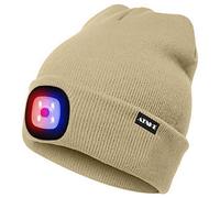 ATNKE Bright LED Lighted Beanie cap Unisex Ricaricabile Beam Hat Red e Blue Glow Flashing Alarm Bulb Headlamp (Beige, 1PCS)