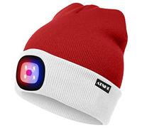 ATNKE Bright LED Lighted Beanie cap Unisex Ricaricabile Beam Hat Red e Blue Glow Flashing Alarm Bulb Headlamp (Bianco/Rosso Natale, 1PCS)