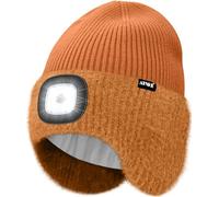 ATNKE LED Illuminato Berretto Cappello con Paraorecchie,USB Ricaricabile 4 LED Corsa Cappello Lampada Invernale Calda Pile Foderato Lavorato Beanie Regali per Uomo e Donna/Caramel