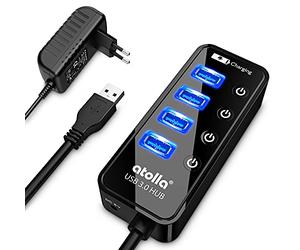 Atolla Hub USB 3.0 alimentato, Hub USB a 4 porte multipresa con interruttori singoli On/Off - Adattatore di alimentazione incluso
