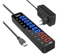 Atolla Hub USB attivo 3.0 con alimentatore di rete da 48 W (12 V/4 A), splitter di estensione USB 3.0 a 11 porte (7 porte dati + 4 porte di ricarica intelligente) con interruttore on/off singolo e