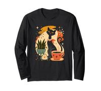 Atomic Coffee Cat Mid-Century Modern Retro Black Feline Chic Maglia a Manica
