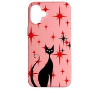 Atomic Era Mid Century Kitty Cat Red Stars Pink Custodia per iPhone 16 Plus