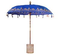 ATOMSTACK MAKER Ombrellone balinese blu, 185 x 185 cm, in cotone e legno massiccio con stecche in bambù, dettagli intagliati a mano, campane e nappe, incluso supporto per giardino e terrazza, Blu, 210