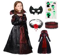 ATOWORLD Costume da vampiro da bambina 7 8 9 anni, costume da vampiro, ragazza, abito nero, Halloween, bambino, vampiro, travestimento, Halloween, ragazza, vampiro, cosplay, carnevale, costume con