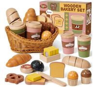 Atoylink Accesorios de Cocina para Niños de Madera, Juguetes de Panadería con Cesta y Pan, Accesorios de Cocina, Juguetes de Madera, Regalo para Niños y Niñas de 3 4 5 6 Años