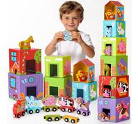 Atoylink Fattoria Cubi Impilabili di Giocattoli per Bambini, Giochi Montessori con 6 Cubi Impilabili & 6 Fattoria Animali Bambini & 6 Trenino Legno, Gioco Educativo Regali per Bambini di 3 Anni