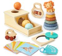 Atoylink Giochi Neonato 6 9 12 Mesi Giochi Legno Montessori con Object Permanence Box & Cubi Impilabili Bambini & Sonaglio Neonato & Flashcards, Giocattoli Giochi Sensoriali per Neonati