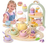 Atoylink Set da tè in legno per Bambini Accessori Cucina Giocattolo Alzata per Dolci Teiera Tazze da tè Cibo Giocattoli in Legno Giochi di Ruolo Educativi Servizio da Tè Regalo Bambina 3 4 5 6 7 Anni