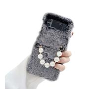 Atrfeel Custodia Peluche per Samsung Galaxy Z Flip 3 5G,Carino Peloso Soffice Morbida Pelliccia di Coniglio Inverno Caldo Ragazze Donne Cover con Perla Catena Braccialetto Cinturino,Grigio Scuro