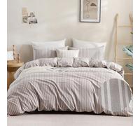 ATsense Set copripiumino king size a righe marroni e bianche, in 100% lino di cotone lavato, come 3 pezzi, super morbido, confortevole e traspirante, con chiusura a cerniera (king 264 x 228,6 cm, a