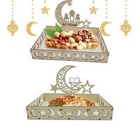 Atsmoce®2 Pcs Ramadan Vassoio Legno, Ramadan Eid Mubarak Decorazioni, incise con luna e stelle, Ramadan decorazioni tavola per Casa, Feste