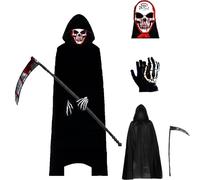 Atsmoce® Costume Halloween Morte Adulti e Bambini, Costume da Tristo Mietitore, Costume da Grim Reaper, Mantello Nero con Cappuccio, con Maschera/Guanti/Falce, Unisex, Nero (C, bambini)