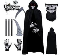 Atsmoce® Costume Halloween Morte Adulti e Bambini, Costume da Tristo Mietitore, Costume da Grim Reaper, Mantello Nero con Cappuccio, con Maschera/Guanti/Falce, Unisex, Nero (A, adulte)