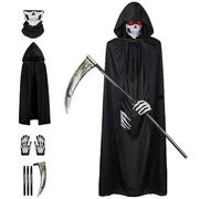 Atsmoce® Costume Halloween Morte Adulti e Bambini, Costume da Tristo Mietitore, Costume da Grim Reaper, Mantello Nero con Cappuccio, con Maschera/Guanti/Falce, Unisex, Nero (B, adulte)