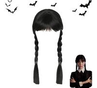 Atsmoce® Mercoledì Addams Parrucca, Parrucca Mercoledì con Frangia per ragazze lunghe nere intrecciate Parrucche per Halloween, Cosplay, Carnevale