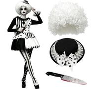 Atsmoce Terrifier Costume Donna, Vestito Terrifier | Terrificante costume set per le donne e include cappello, parrucca, vestito, leggings e un pugnale insanguinato