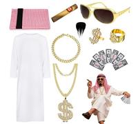 Atsmoce Vestito Arabo Set Uomo, Costume Sceicco Arab, Arabo Bianca con Bandana, e accessori per Cosplay, Carnaval, Mascherata (L)