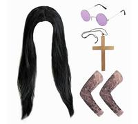 ATSNOSH Set di accessori per travestimento da principe delle tenebre, set di accessori per travestimento da rockstar, parrucca lunga nera, occhiali circolari viola, croce dorata, maniche tatuate