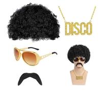 ATSNOSH Set di Costumi Hippie, Parrucca Afro Funky Anni 70 80, Accessori Hippy, Disco Parrucca, Costume da Discoteca Anni '70 Hippie Rocker, Parrucche uomo per Cosplay (Nero)