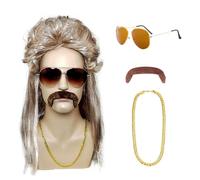 ATSNOSH Set di Costumi Hippie, Parrucca Mullet Uomo Anni 70 80, Disco Parrucca, Accessori Hippy, Costume da Discoteca Anni '70 Hippie Rocker, Parrucche Uomo per Cosplay Carnevale (Marrone Chiaro)